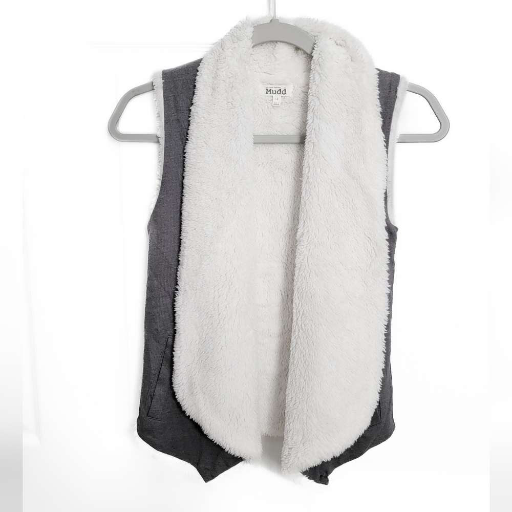 Mudd Girls Charcoal Gray Vest with White Faux Fur Lining Size 12